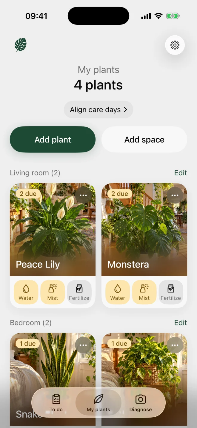 My plants screen with plant photos